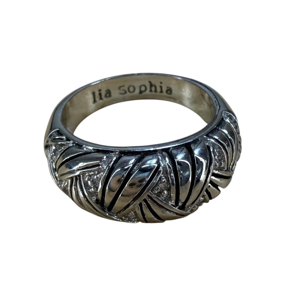 Lia Sophia Ring Silver Tone Woven Braided Dome Statement Crystal Accent Size 7.5